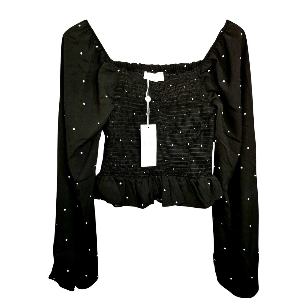 Sage The Label Astrology Stars Cropped Long Sleeve Smocked Blouse Medium